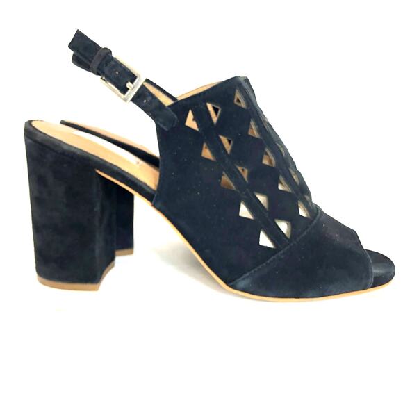 Halogen- Black Suede Laser Cut Out Open Toe Block Heel Sandals-10M - Picture 4 of 9